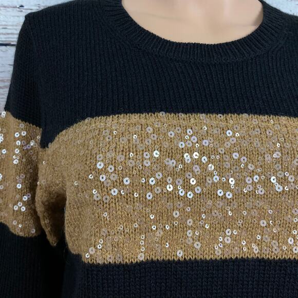 Isaac Mizrahi Elsie Wool Blend Sequin Stripe Sweater Medium Black Gold Mohair - Picture 5 of 8